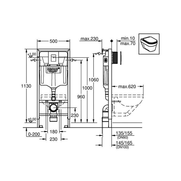 Инсталляционная система Grohe Rapid SL + подвесной унитаз V&B Architectura с крышкой + набор гигиенического душа (38775H17)